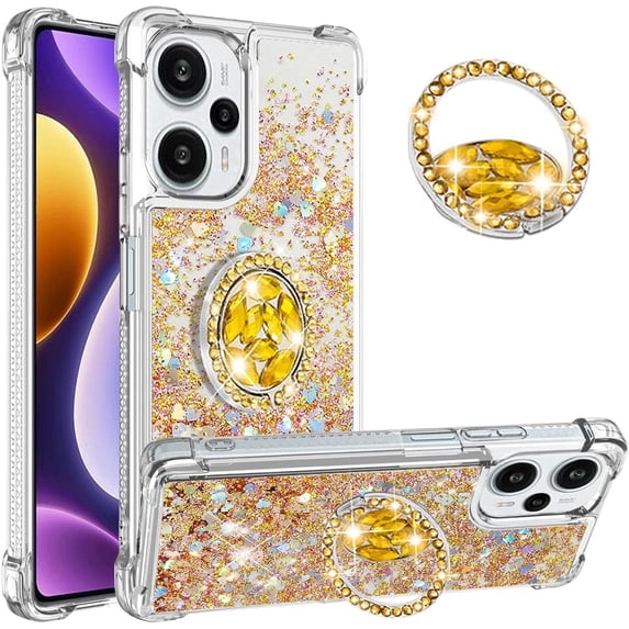Glitter Clear Sparkly Bling Case for Xiaomi Poco F5, Flowing Liquid Quicksand Cover with Diamond Ring Holder Case for Xiaomi Redmi Note 12 Turbo/Poco F5 Gold
