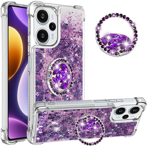 Glitter Clear Sparkly Bling Case for Xiaomi Poco F5, Flowing Liquid Quicksand Cover with Diamond Ring Holder Case for Xiaomi Redmi Note 12 Turbo/Poco F5 Purple