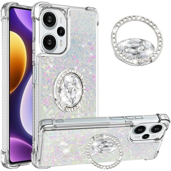 Glitter Clear Sparkly Bling Case for Xiaomi Poco F5, Flowing Liquid Quicksand Cover with Diamond Ring Holder Case for Xiaomi Redmi Note 12 Turbo/Poco F5 Colorful