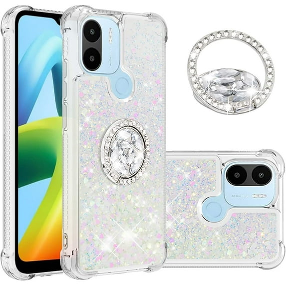 Glitter Clear Sparkly Bling Case for Xiaomi Redmi A1, Rugged Shockproof Flowing Liquid Floating Cover for Women with Ring Holder Phone Case for Xiaomi Redmi A1 Colorful