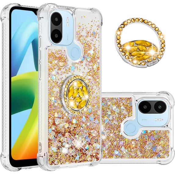 Glitter Clear Sparkly Bling Case for Xiaomi Redmi A1, Rugged Shockproof Flowing Liquid Floating Cover for Women with Ring Holder Phone Case for Xiaomi Redmi A1 Gold