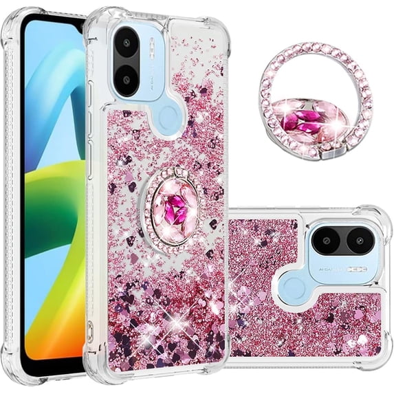 Glitter Clear Sparkly Bling Case for Xiaomi Redmi A1, Rugged Shockproof Flowing Liquid Floating Cover for Women with Ring Holder Phone Case for Xiaomi Redmi A1 Rose Gold
