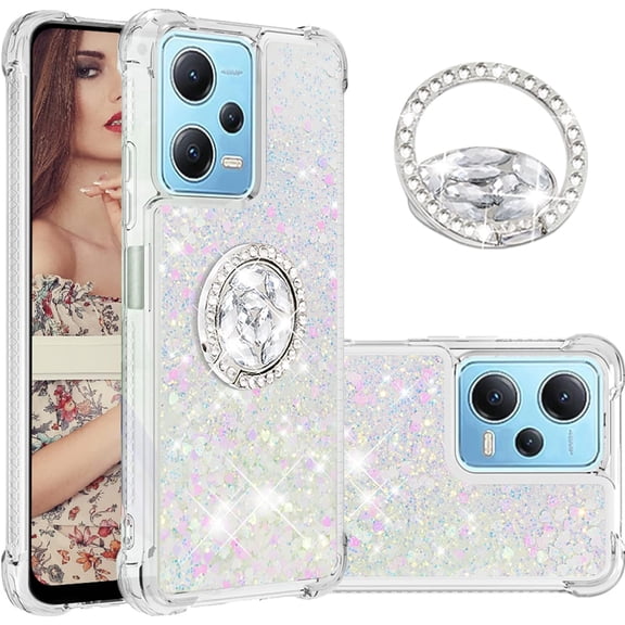 Glitter Clear Sparkly Bling Case for Xiaomi Redmi Note 12 4G, Flowing Liquid Quicksand Cover with Diamond Ring Holder Case for Xiaomi Redmi Note 12 4G Colorful