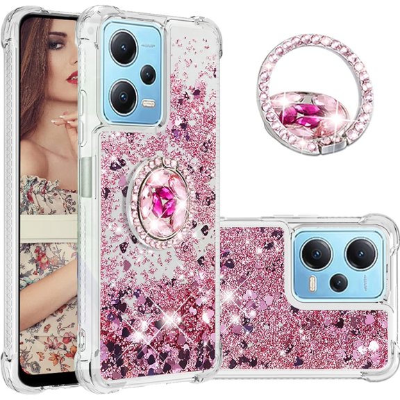 Glitter Clear Sparkly Bling Case for Xiaomi Redmi Note 12 4G, Flowing Liquid Quicksand Cover with Diamond Ring Holder Case for Xiaomi Redmi Note 12 4G Rose Gold