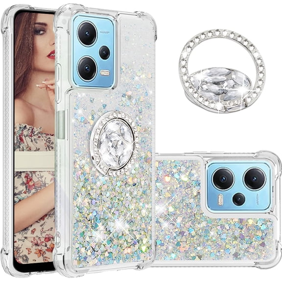 Glitter Clear Sparkly Bling Case for Xiaomi Redmi Note 12 4G, Flowing Liquid Quicksand Cover with Diamond Ring Holder Case for Xiaomi Redmi Note 12 4G Silver