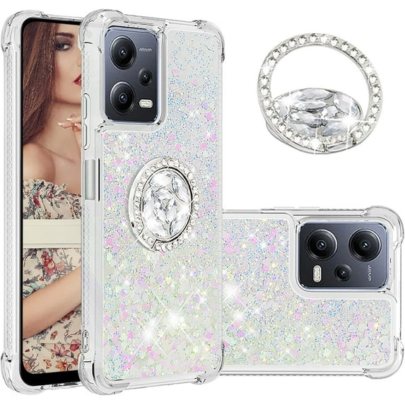 Glitter Clear Sparkly Bling Case for Xiaomi Redmi Note 12 5G (Not 4G), Flowing Liquid Quicksand Cover with Diamond Ring Holder Case for Xiaomi Redmi Note 12 5G/ Poco X5 Colorful