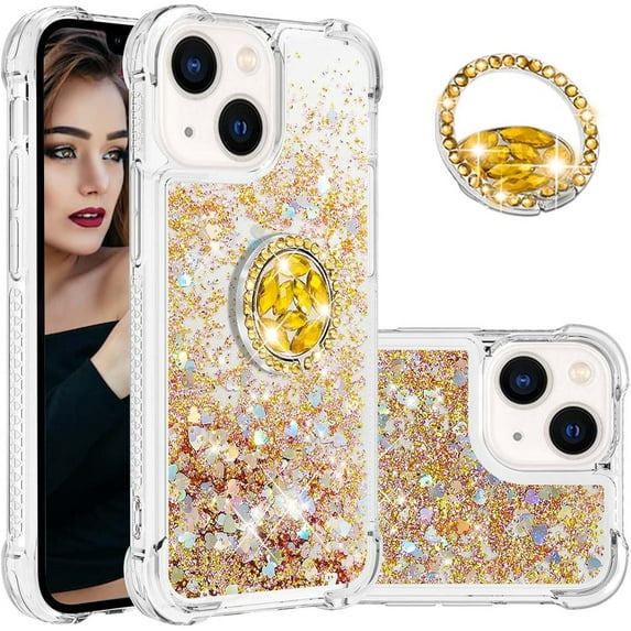 Glitter Clear Sparkly Bling Case for Apple iPhone 15, Flowing Liquid Quicksand Cover with Diamond Ring Holder Case for iPhone 15 Gold