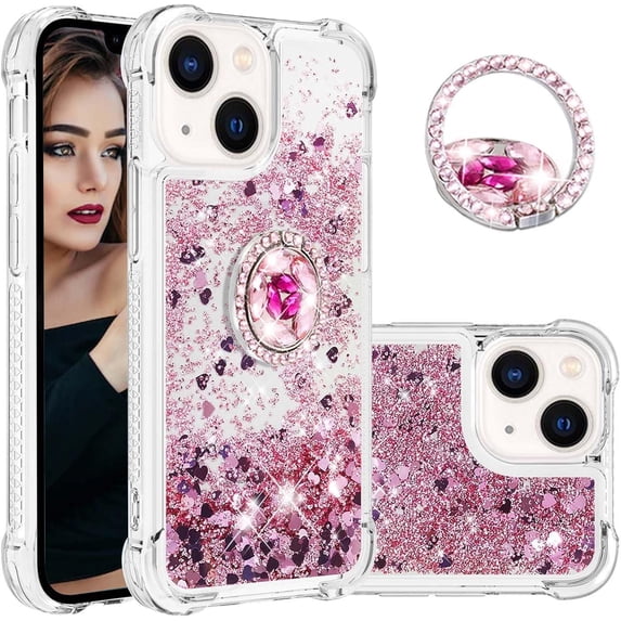 Glitter Clear Sparkly Bling Case for Apple iPhone 15, Flowing Liquid Quicksand Cover with Diamond Ring Holder Case for iPhone 15 Rose Gold