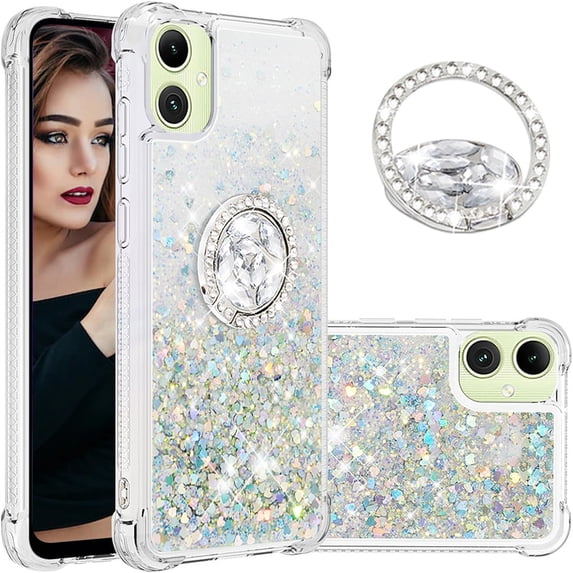 Glitter Clear Sparkly Bling Case for Samsung Galaxy A05, Flowing Liquid Quicksand Cover with Diamond Ring Holder Case for Samsung Galaxy A05 Silver