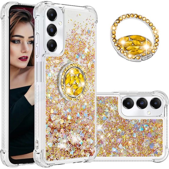 Glitter Clear Sparkly Bling Case for Samsung Galaxy A05s, Flowing Liquid Quicksand Cover with Diamond Ring Holder Case for Samsung Galaxy A05s Gold