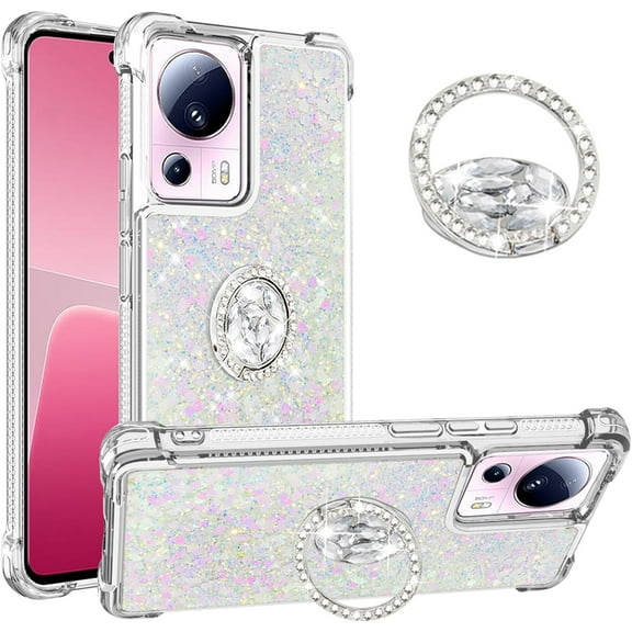 Glitter Clear Sparkly Bling Case for Xiaomi 13 Lite, Flowing Liquid Quicksand Cover with Diamond Ring Holder Case for Xiaomi 13 Lite Colorful