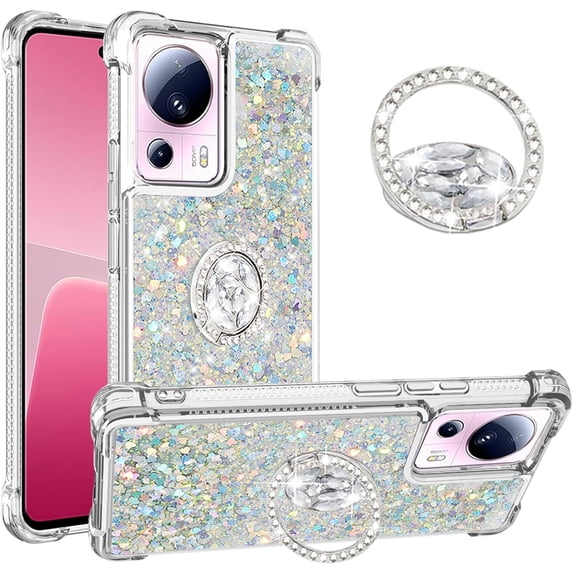 Glitter Clear Sparkly Bling Case for Xiaomi 13 Lite, Flowing Liquid Quicksand Cover with Diamond Ring Holder Case for Xiaomi 13 Lite Silver