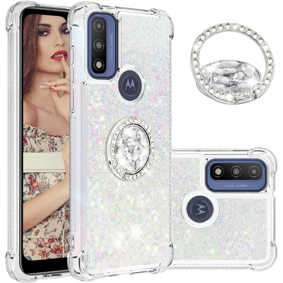 Glitter Clear Sparkly Bling Motorola Moto G Play 2023 Case for Women, Flowing Liquid Quicksand Cover with Diamond Ring Holder Case for Motorola G Play 2023 Colorful