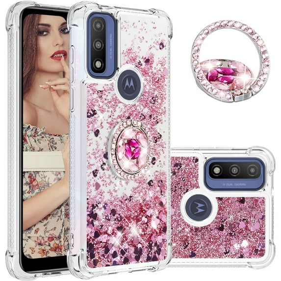 Glitter Clear Sparkly Bling Motorola Moto G Play 2023 Case for Women, Flowing Liquid Quicksand Cover with Diamond Ring Holder Case for Motorola G Play 2023 Rose Gold