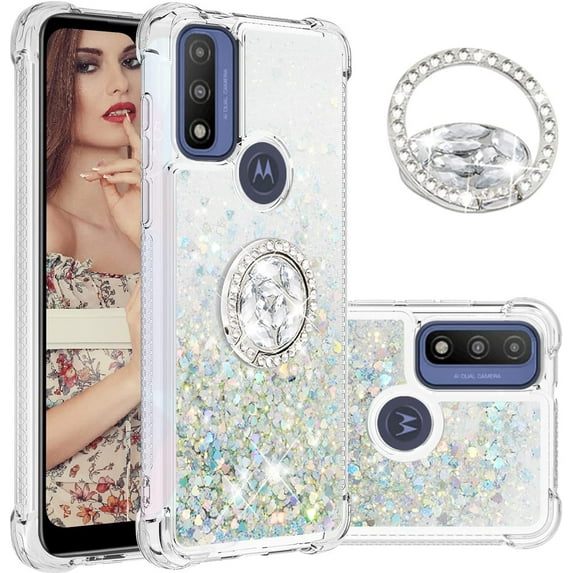 Glitter Clear Sparkly Bling Motorola Moto G Play 2023 Case for Women, Flowing Liquid Quicksand Cover with Diamond Ring Holder Case for Motorola G Play 2023 Silver