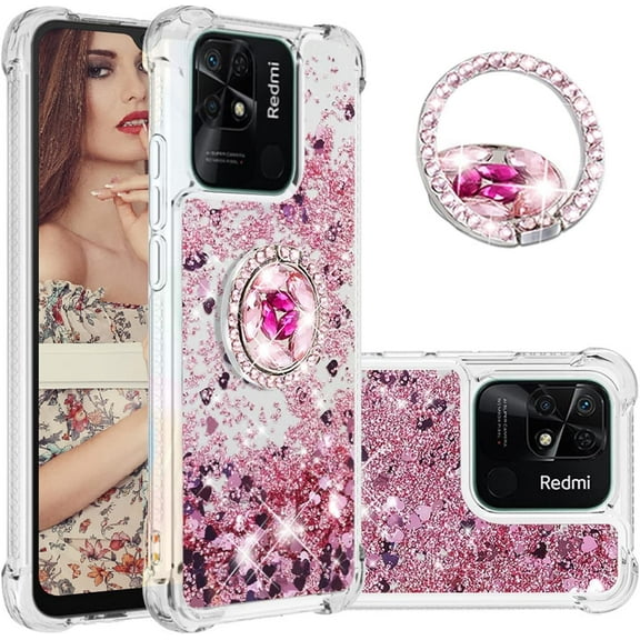Glitter Clear Sparkly Bling Xiaomi Redmi 10C Case for Women, Flowing Liquid Quicksand Cover with Diamond Ring Holder Case for Xiaomi Redmi 10C Rose Gold