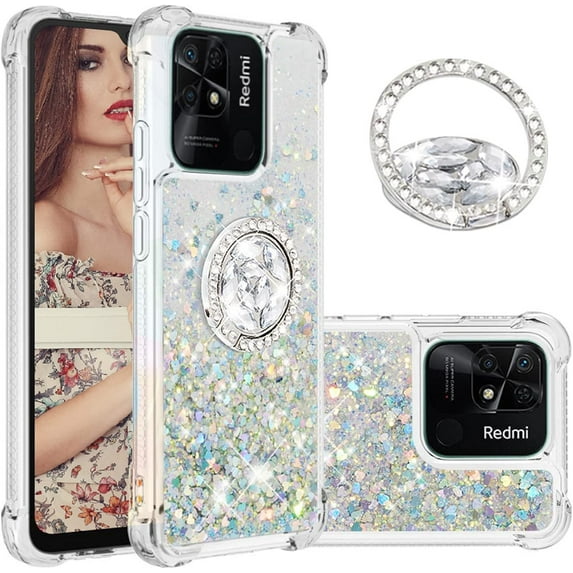 Glitter Clear Sparkly Bling Xiaomi Redmi 10C Case for Women, Flowing Liquid Quicksand Cover with Diamond Ring Holder Case for Xiaomi Redmi 10C Silver