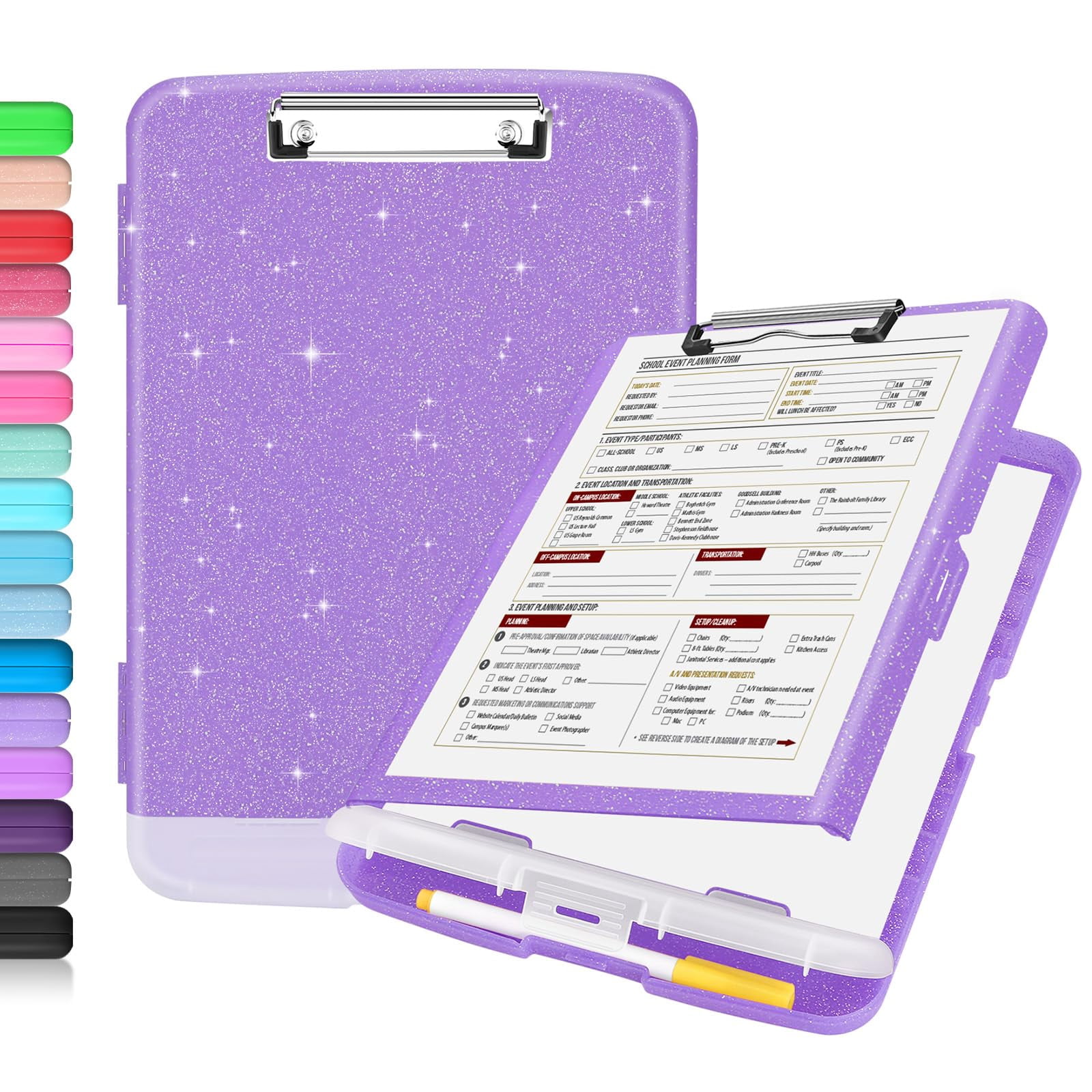 Glitter Clipboard With Storage  High Capacity Clip Boards 8.5x11 Pen Holder Cute Clipboards Low Profile Sparkle Plastic Organizer Case Box For Women & Side Opening
