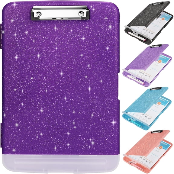 Glitter Clipboard with Storage, Storage Clipboard with Pen Holder,A4 Binder Clip Boards 8.5x11 with Low Profile Clip,Side Opening Sparkle Clipboards, Clipboards Folder for Office Supplies