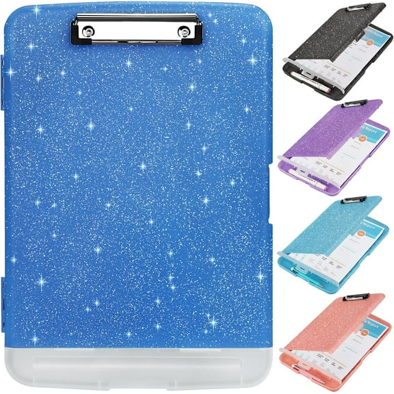 Glitter Clipboard with Storage, Storage Clipboard with Pen Holder,A4 Binder Clip Boards 8.5x11 with Low Profile Clip,Side Opening Sparkle Clipboards, Clipboards Folder for Office Supplies