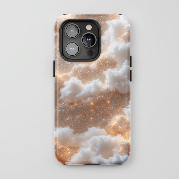 Glitter Clouds For All iPhone Series Tough Phone Case Dreamy Celestial Gold Sparkle White