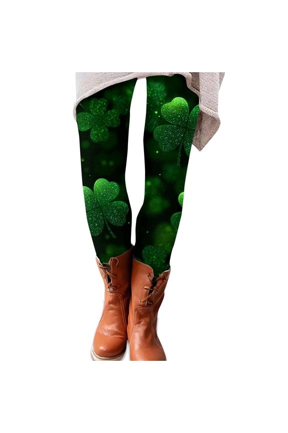 Glitter Clover Emerald Leggings Women St. Patrick's Day Leggings Shamrock Print Stretchy Yoga Pants for Tummy Control Tights Black S