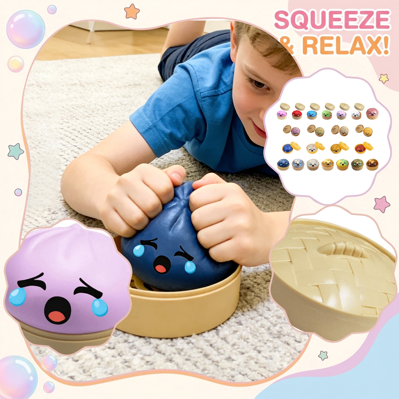 Glitter Colorful Dumpling Squishy, Cute Squishy Dumpling Large with Steamer, Squishy Dumpling Doll with Cute Expressions, Silicone Bun Sensory Fidget Dolls, Hand Pinching Decompression Dolls