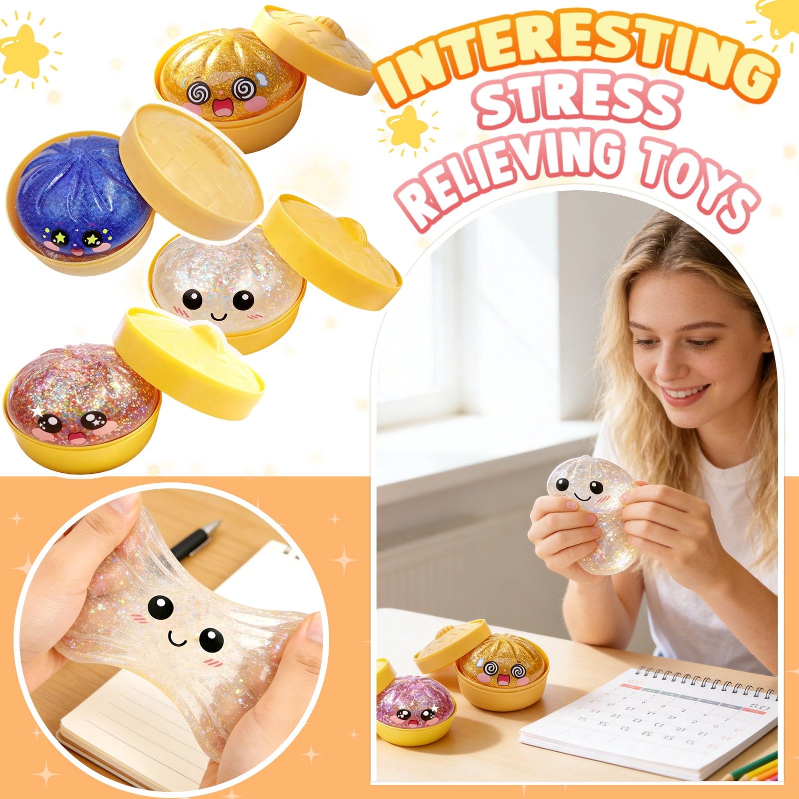 Glitter Colorful Dumpling Squishy, Cute Squishy Dumpling Large with Steamer, Squishy Dumpling Doll with Cute Expressions, Silicone Bun Sensory Fidget Dolls, Hand Pinching Decompression Dolls
