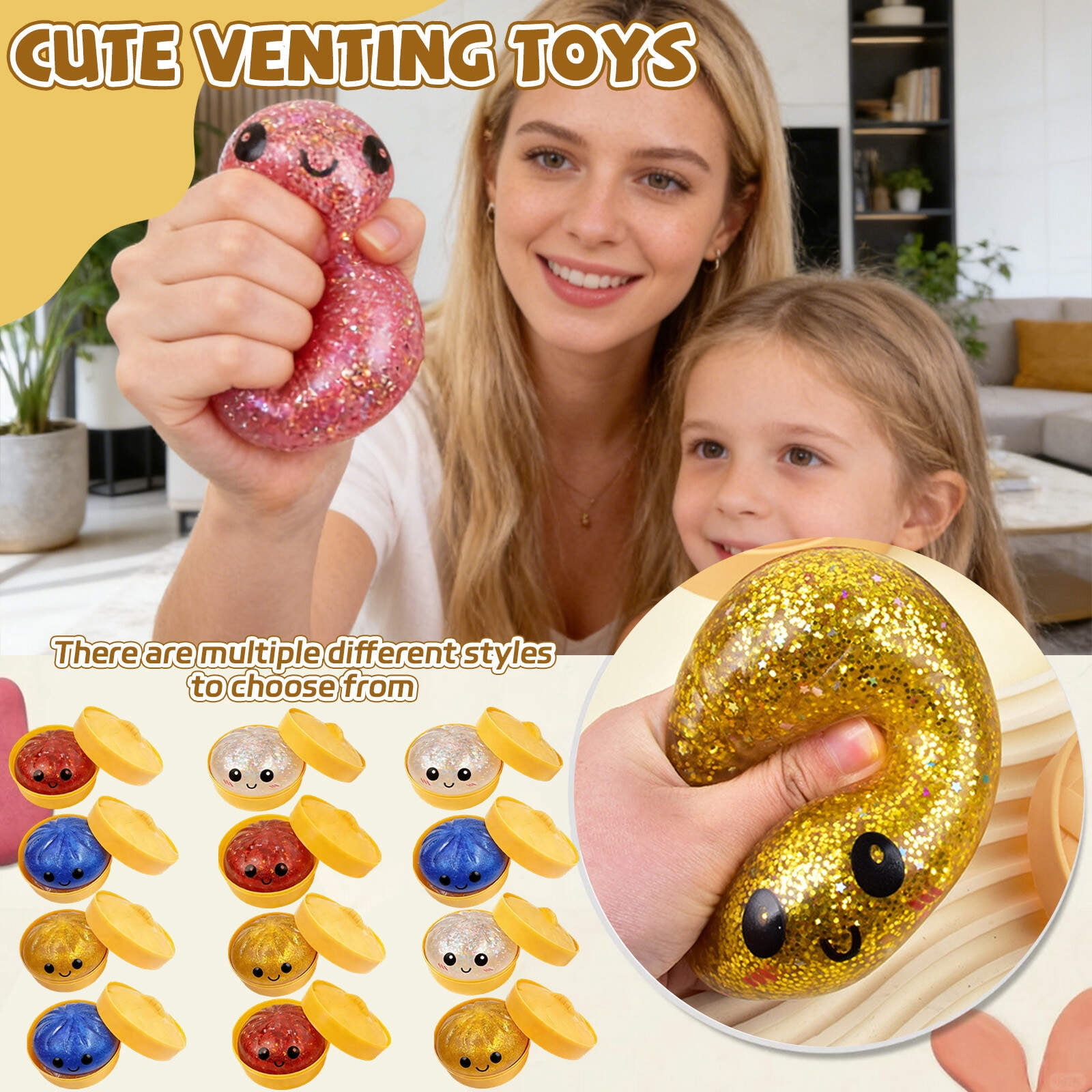 Glitter Colorful Dumpling Squishy, Cute Squishy Dumpling Large with Steamer, Squishy Dumpling Doll with Cute Expressions, Silicone Bun Sensory Fidget Dolls, Hand Pinching Decompression Dolls