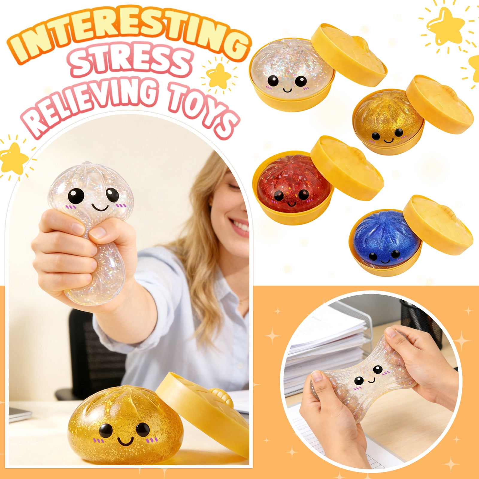 Glitter Colorful Dumpling Squishy, Cute Squishy Dumpling Large with Steamer, Squishy Dumpling Doll with Cute Expressions, Silicone Bun Sensory Fidget Dolls, Hand Pinching Decompression Dolls