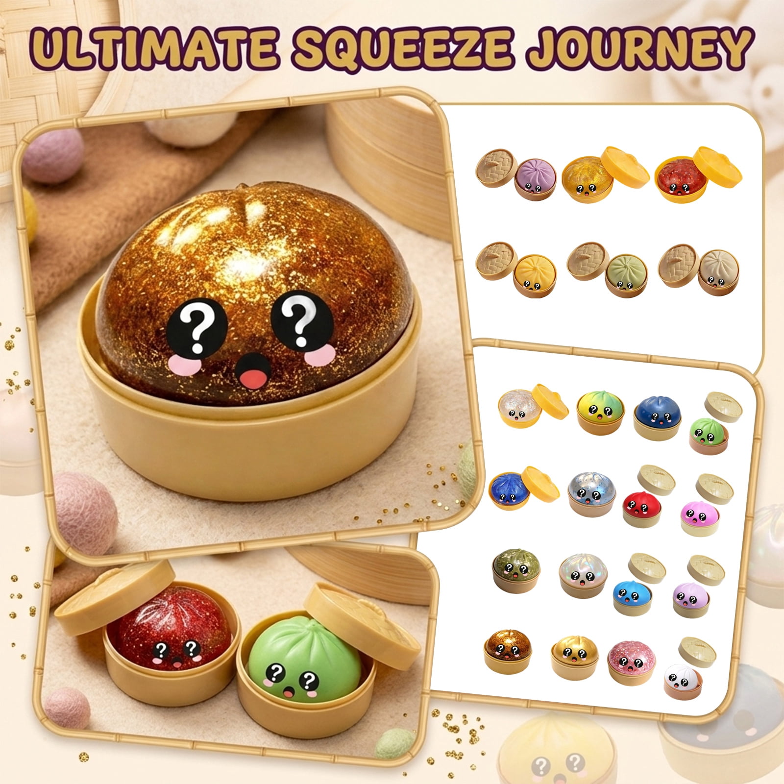 Glitter Colorful Dumpling Squishy, Cute Squishy Dumpling Large with Steamer, Squishy Dumpling Doll with Cute Expressions, Silicone Bun Sensory Fidget Dolls, Hand Pinching Decompression Dolls