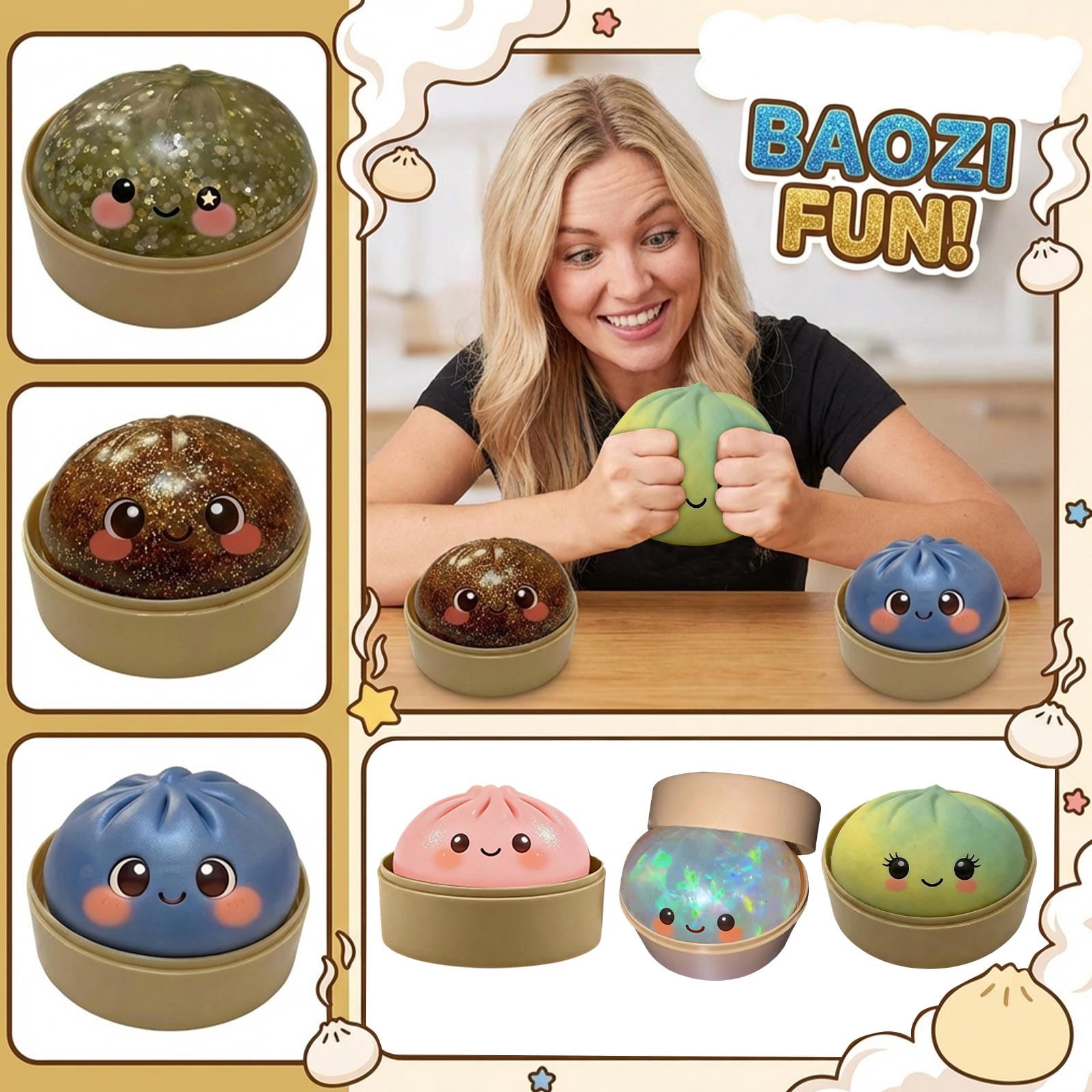 Glitter Colorful Dumpling Squishy, Cute Squishy Dumpling Large with Steamer, Squishy Dumpling Doll with Cute Expressions, Silicone Bun Sensory Fidget Dolls, Hand Pinching Decompression Dolls