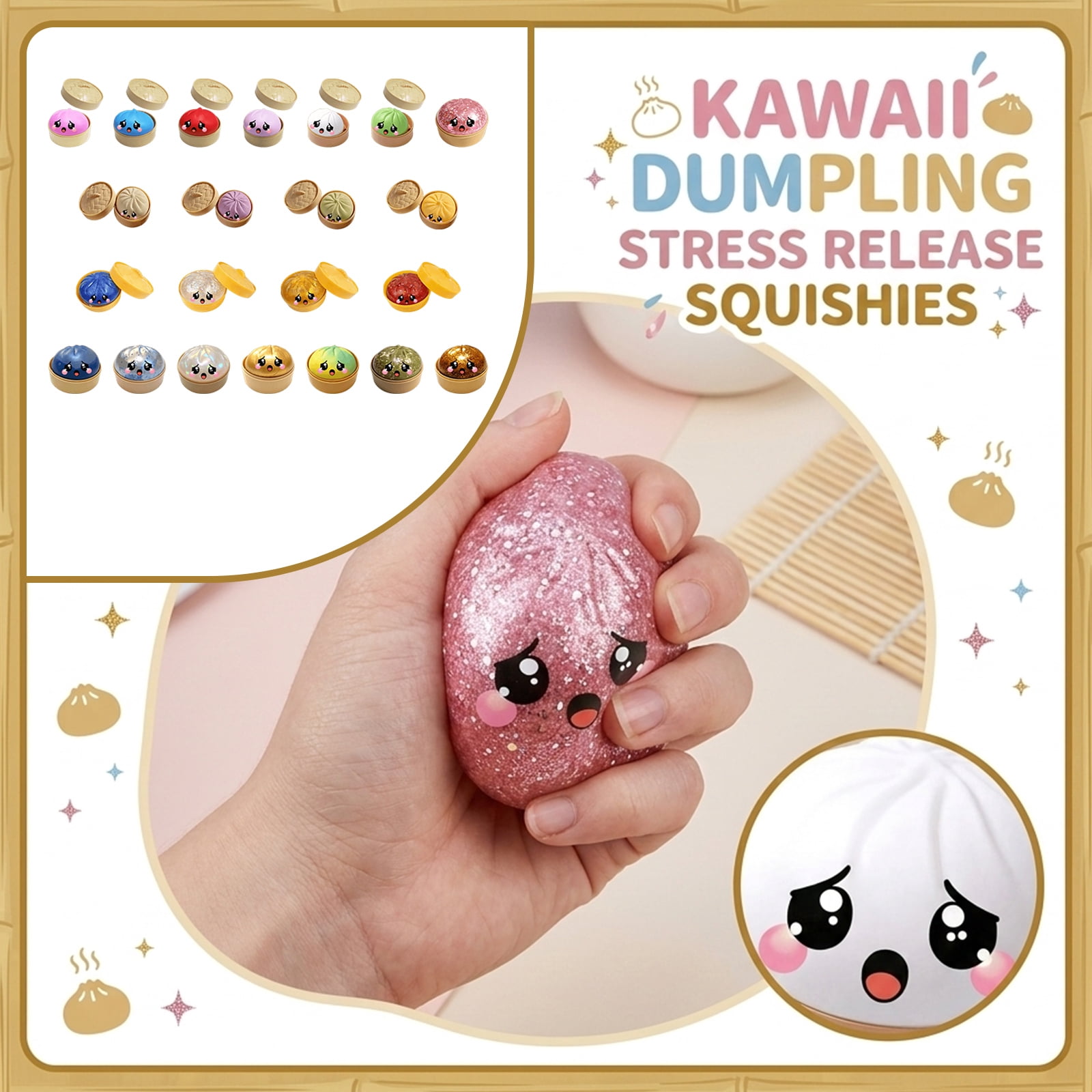 Glitter Colorful Dumpling Squishy, Cute Squishy Dumpling Large with Steamer, Squishy Dumpling Doll with Cute Expressions, Silicone Bun Sensory Fidget Dolls, Hand Pinching Decompression Dolls