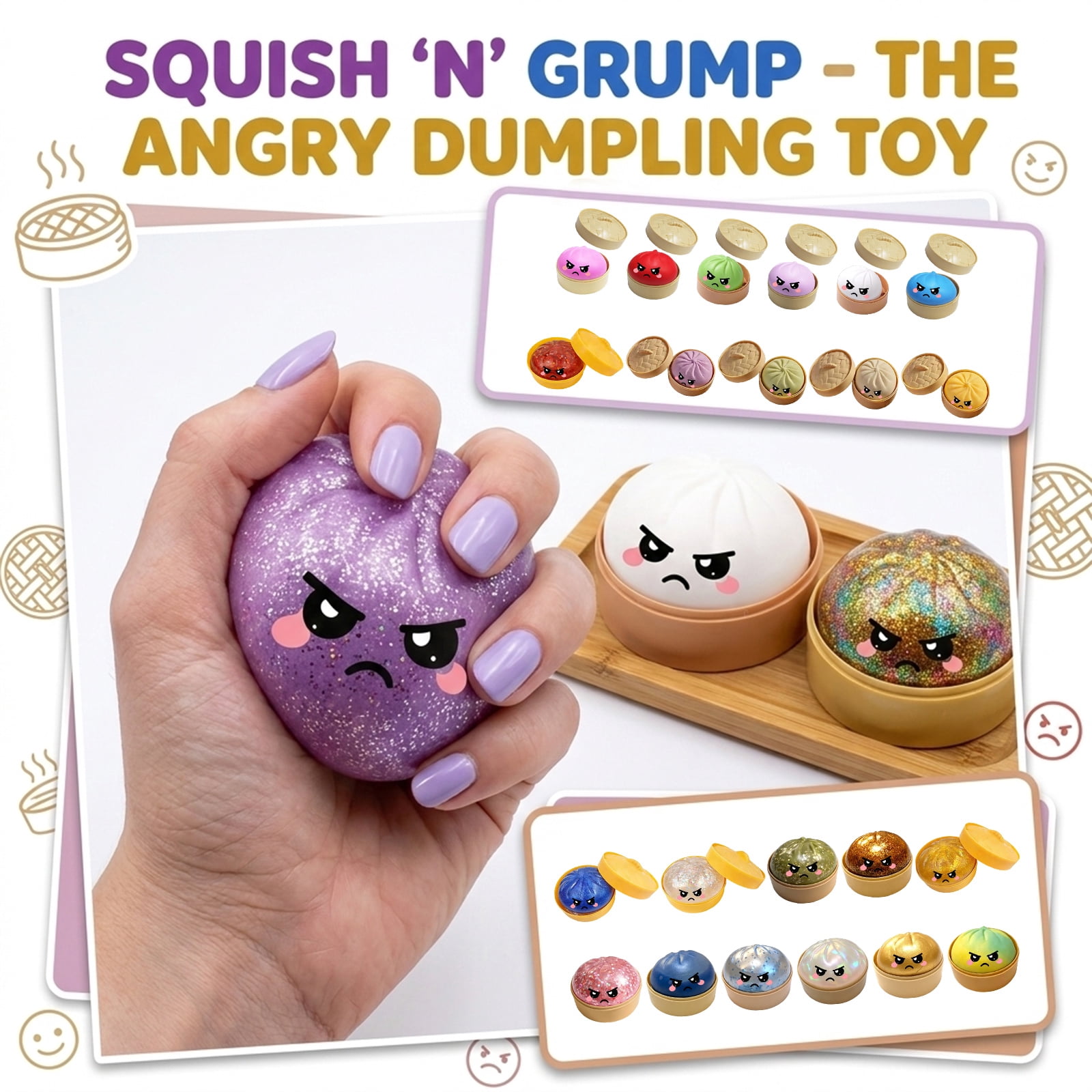Glitter Colorful Dumpling Squishy, Cute Squishy Dumpling Large with Steamer, Squishy Dumpling Doll with Cute Expressions, Silicone Bun Sensory Fidget Dolls, Hand Pinching Decompression Dolls