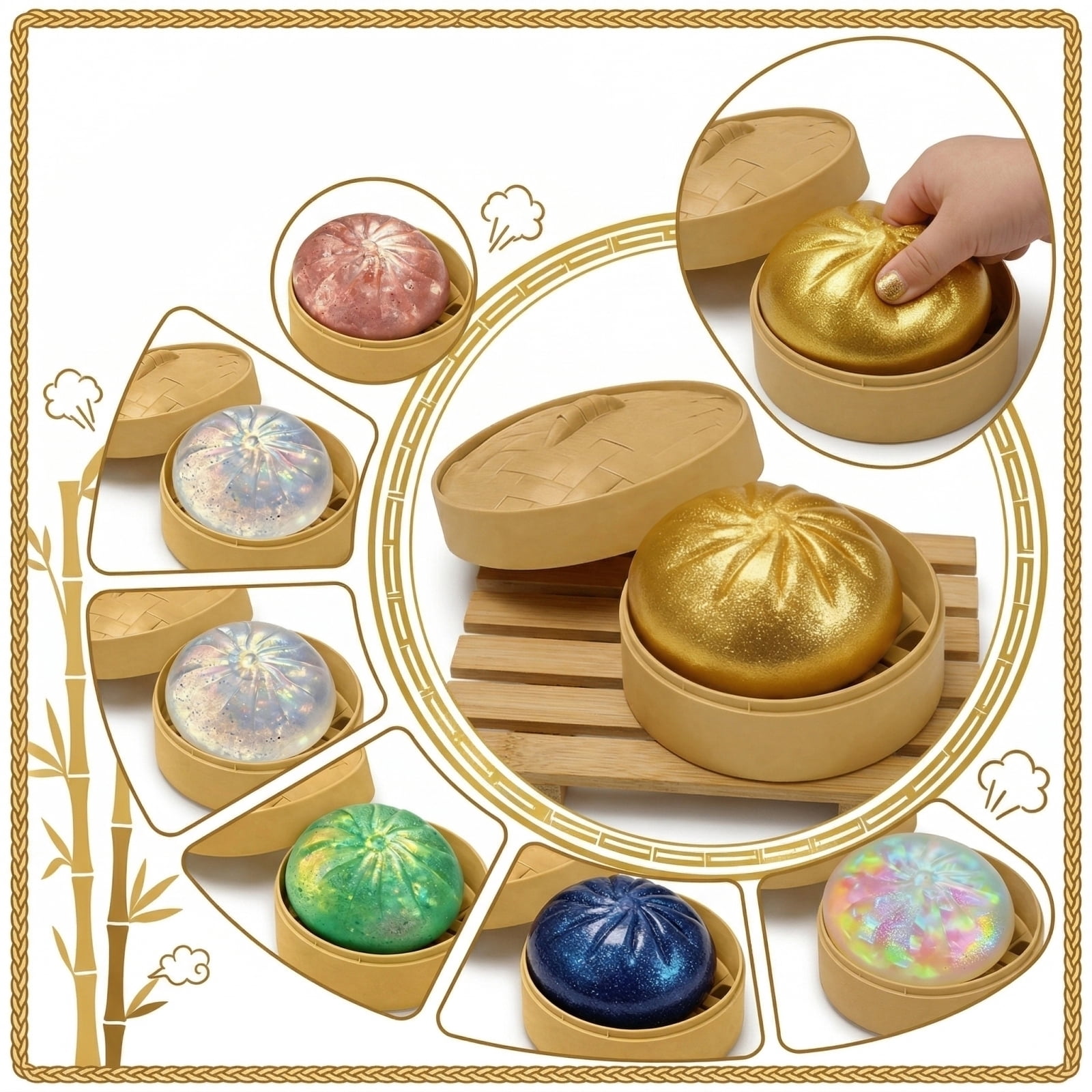 Glitter Colorful Dumpling Squishy, Mystery Large Dumpling Squishy with Steamer, Squishy Dumpling Doll with Cute Expressions, Silicone Bun Sensory Fidget Dolls, Hand Pinching Decompression Dolls