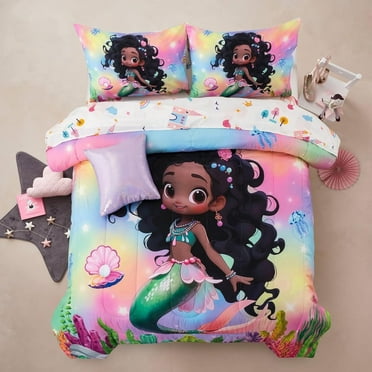 6pcs Comforter Set,Black Girl Princess Mermaid with Green Tail Printed,Pink Gradient Glitter Rainbow Background Kids Bedding Set,Twin