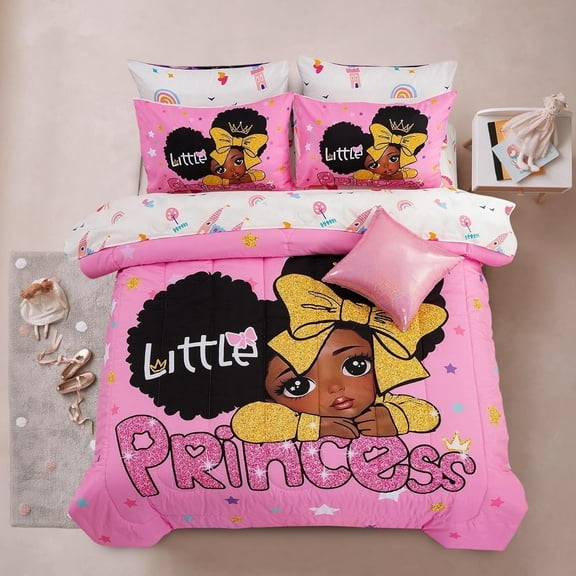 Black Girl Little Princess Comforter Set, Pink 6Pcs Bed in A Bag Twin Size Sparkling Stars Bedding Set,for Kids, Girls