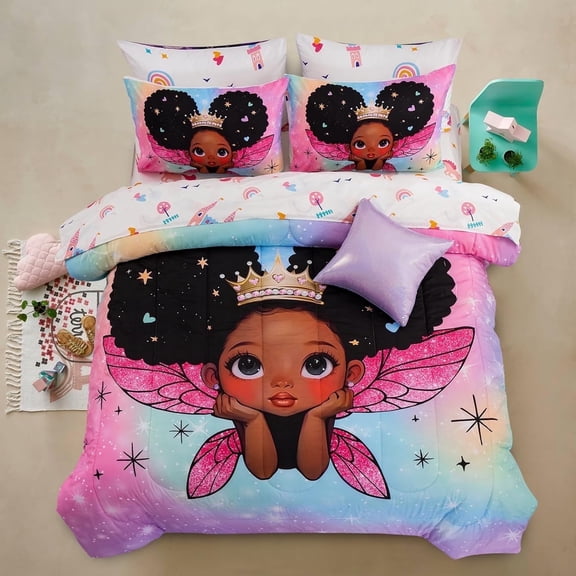 NTBED Black Girl Princess with Wings Comforter Set Pink Gradient Glitter Rainbow Galaxy 6pcs Kids Bedding Set Full Bed in a Bag