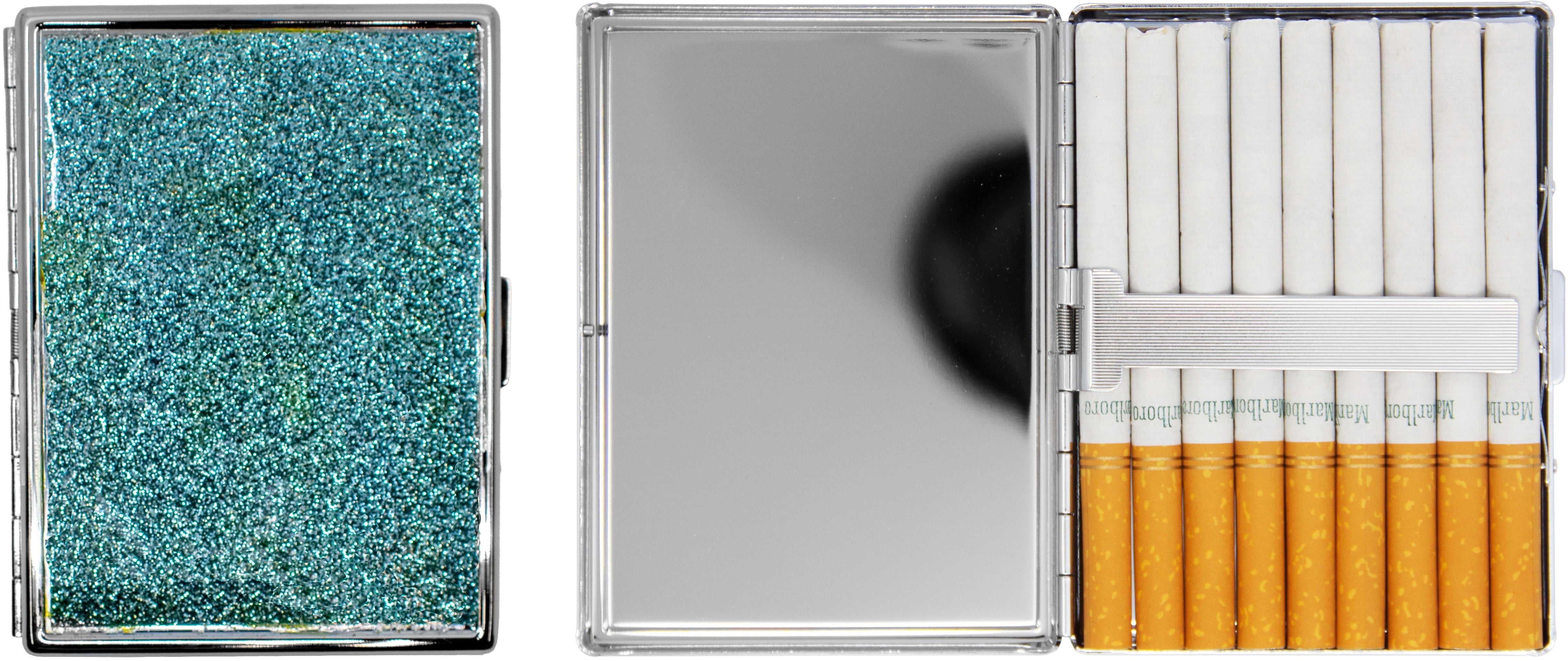 Set of 2 Metal-Plated 100s Ultra Compact Cigarette Case With Insert (Aqua Glitter)