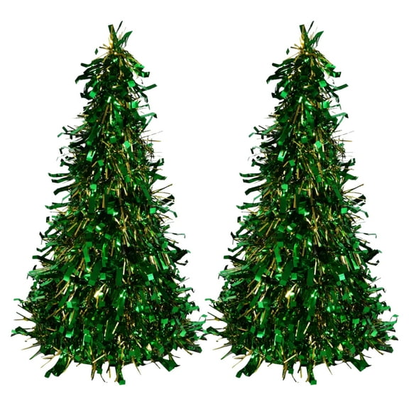Glitter Cone Shaped Green and Gold Tinsel Trees 10 in for Office Desk Home Table Top Ornaments Party Favor Christmas Holiday New Year Decoration Seasonal Material Gift Decorative Supplies - Pack of 2
