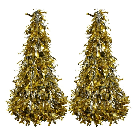 Glitter Cone Shaped Silver and Gold Tinsel Trees 10 in for Office Desk Home Table Top Ornaments Party Favor Christmas Holiday New Year Decoration Seasonal Material Gift Decorative Supplies - Pack of 2
