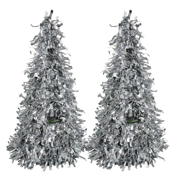 Glitter Cone Shaped Silver Tinsel Trees 10 in for Office Desk Home Table Top Ornaments Party Favor Christmas Holiday New Year Decoration Seasonal Craft Material Gift Decorative Supplies - Pack of 2