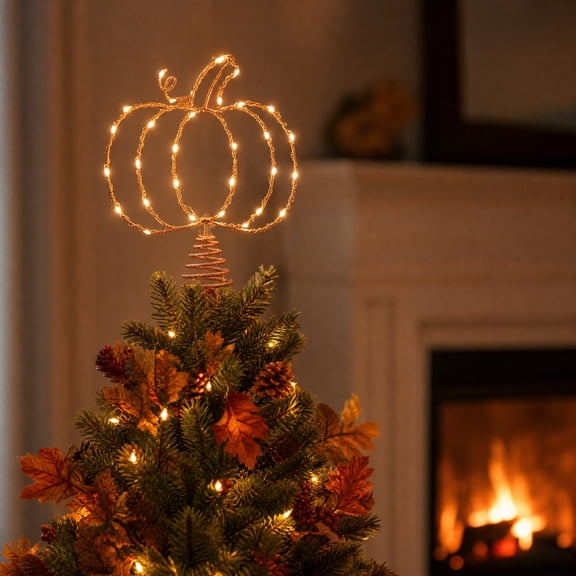 Glitter Copper Wire Pumpkin Tree Topper Light Halloween Fall Harvest Decor for Small Medium Tree Top Farmhouse Autumn Home Decorations