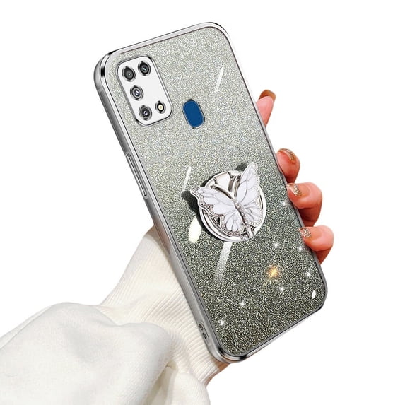 Glitter Cover Compatible with Samsung Galaxy M31 Case Butterfly Kickstand Case for Samsung M31 Soft TPU Electroplated Bling Shockproof Anti-Scratch Shell for Women Girls Cover for Galaxy M31