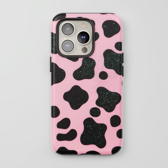 Glitter Cow Print For All iPhone Series Tough Phone Case Trendy Pink Black Glitter