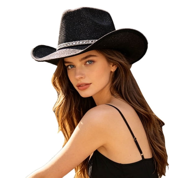 Glitter Cowboy Hat, Polyester Wide Brim Western Cowgirl Hat with Rhinestone Band, One Size 56-58cm for Concert Party
