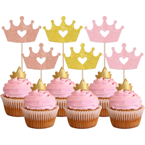 Glitter Crown Cupcake Toppers, Rose Gold, Gold, and Pink, Princess Queen Birthday Baby Shower Party Decorations, 12 PCS