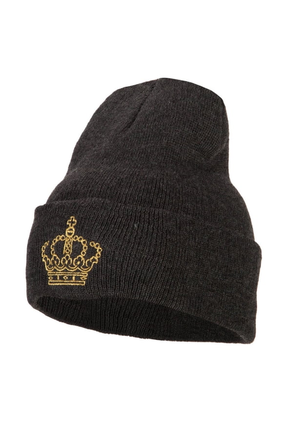 Glitter Crown Embroidered Knitted Long Beanie - Dk Grey OSFM
