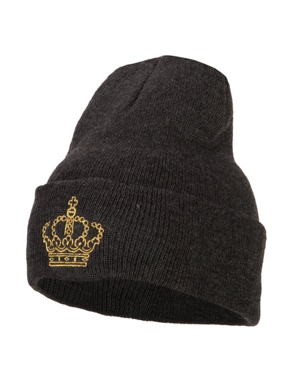 Glitter Crown Embroidered Knitted Long Beanie - Dk Grey OSFM