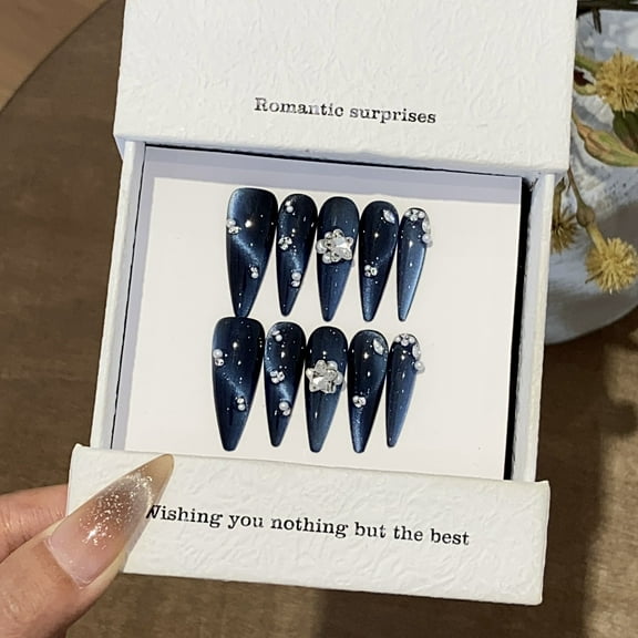 Glitter Crystal Handmade Press on Nails for Women Prom Party Unique Long Stiletto Deep Blue Fake Nails